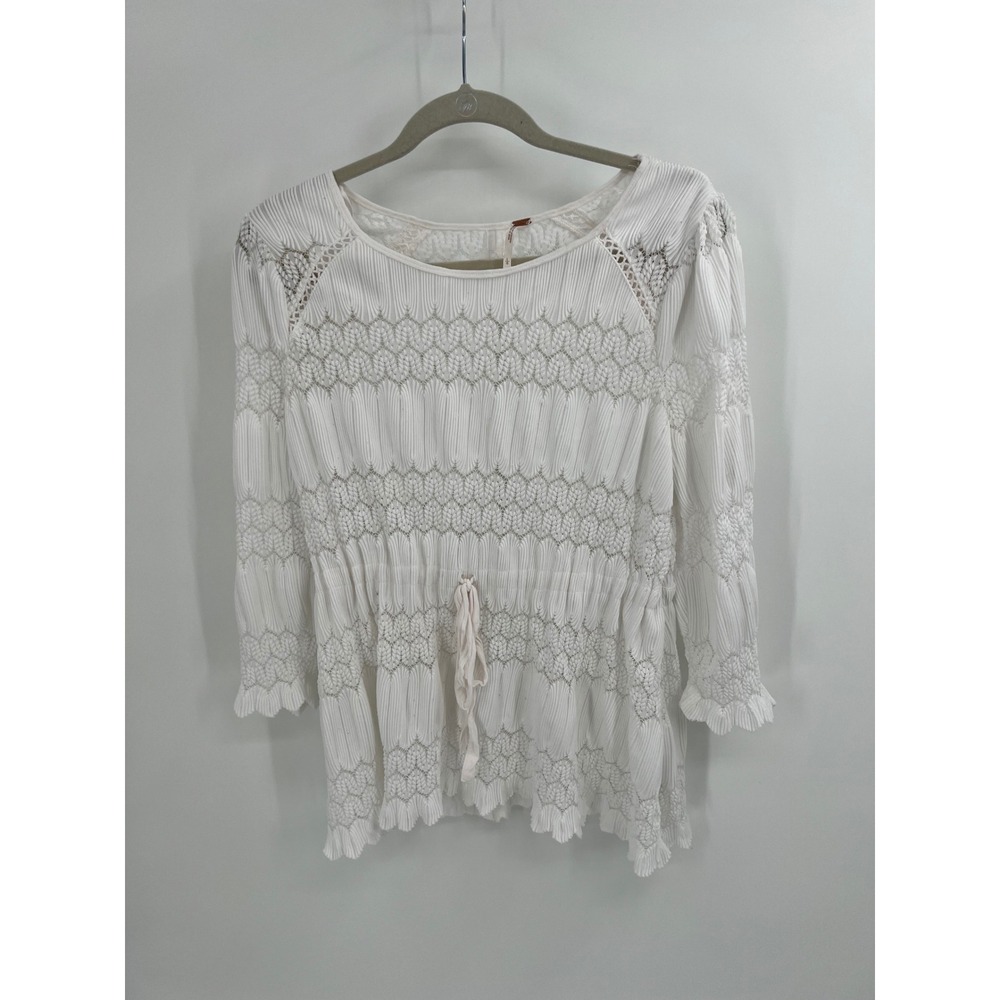 Free People White Crochet Smocked Peasant Top Boho Drawstring Size Large
